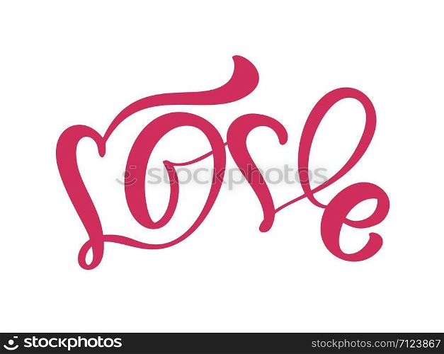 Red Calligraphy word Love. Vector Valentines Day Hand Drawn lettering. Heart Holiday Design valentine card. love decor for web, wedding and print. Isolated illustration