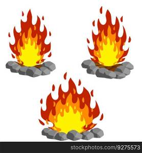 Red campfire. Orange flame. Tourist bonfire. Element of a hike. Heat and hot object. Fire lined with stones. Cartoon flat illustration. Red campfire. Orange flame. Tourist bonfire