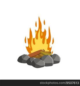 Red campfire. Orange flame. Tourist bonfire. Element of a hike. Heat and hot object. Fire lined with stones. Cartoon flat illustration. Red campfire. Orange flame