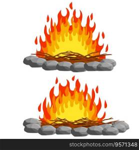 Red campfire. Orange flame. Tourist bonfire. Element of a hike. Heat and hot object. Fire lined with stones. Cartoon flat illustration. Red campfire. Orange flame. Tourist bonfire