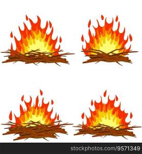 Red campfire. Orange flame. Tourist bonfire. Element of a hike. Heat and hot object. Fire lined with stones. Cartoon flat illustration. Red campfire. Orange flame. Tourist bonfire.