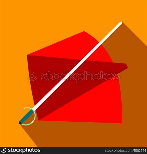 Red cape and sword icon in flat style on a yellow background . Red cape and sword icon, flat style