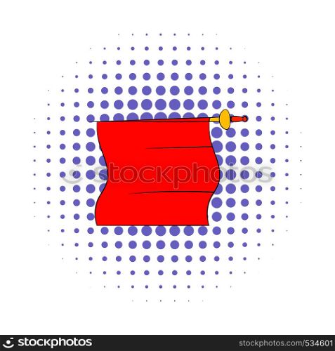 Red cape of bullfighter icon in comics style on a white background. Red cape of bullfighter icon, comics style