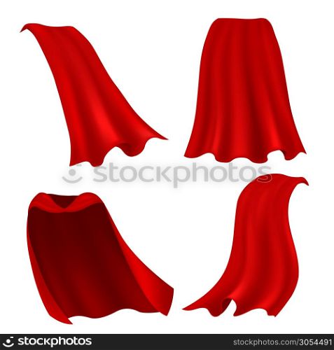 Red cape. Realistic draped scarlet cloak front, side and back view, silk mantle model clothing, carnival costume accessories vector 3d magic clothes set. Red cape. Realistic draped scarlet cloak front, side and back view, silk mantle model clothing, carnival costume accessories vector set