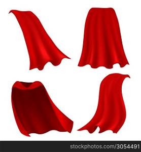 Red cape. Realistic draped scarlet cloak front, side and back view, silk mantle model clothing, carnival costume accessories vector 3d magic clothes set. Red cape. Realistic draped scarlet cloak front, side and back view, silk mantle model clothing, carnival costume accessories vector set