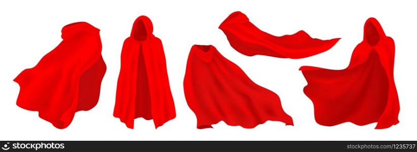 Red cape with hood. Realistic superhero cloak, vampire and illusionist silk party costume. Vector illustration red decorative clothes set on white background. Red cape with hood. Realistic superhero cloak, vampire and illusionist silk party costume. Vector red decorative clothes set