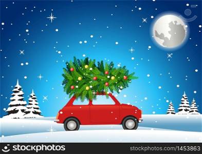 red car carry on christmas tree to decorate on big holiday in winter night,vector illustration