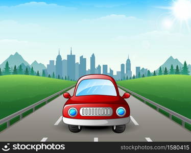 Red car cartoon on city background