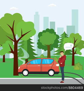 Red car crashed into a tree,Car accident banner,surprised and displeased caucasian man stand near auto,park with plants and city on background,flat vector illustration