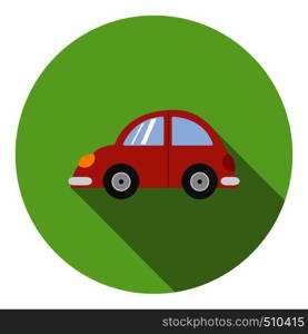 Red car icon in flat style in green circle with shadow. Side view. Red car icon, flat style