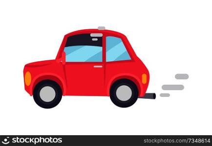 Red car makes lot of unhealthy smoke, color card, vehicle with grey disks, vector illustration with small two-door automobile isolated on white. Red Car Makes Lot of Unhealthy Smoke Color Card