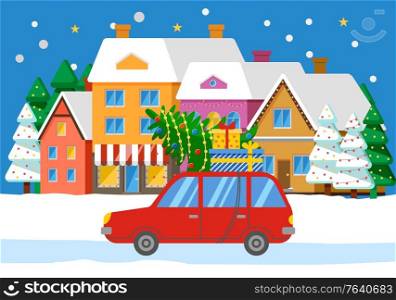 Red car on city street with fir tree and presents on roof. People preparing for christmas celebration. Cityscape with many buildings with snowy trees. Vector illustration of cottages and vehicle. Car with Fir on Road, Cityscape with Buildings