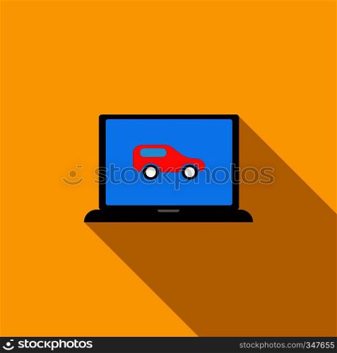 Red car on the monitor of laptop icon in flat style on a yellow background. Red car on the monitor of laptop icon, flat style