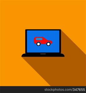 Red car on the monitor of laptop icon in flat style on a yellow background. Red car on the monitor of laptop icon, flat style