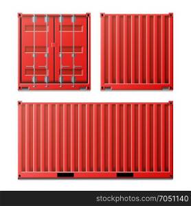 Red Cargo Container Vector. Classic Cargo Container. Freight Shipping Concept. Logistics, Transportation Mock Up. Front And Back Sides. Isolated On White Background Illustration. Cargo Container Vector. Classic Cargo Container. Freight Shipping Concept. Logistics, Transportation Mock Up. Front And Back Sides. Isolated On White Background Illustration