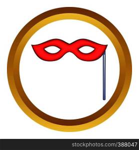 Red carnival mask vector icon in golden circle, cartoon style isolated on white background. Red carnival mask vector icon