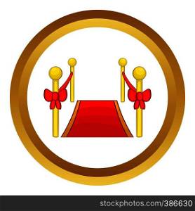 Red carpet vector icon in golden circle, cartoon style isolated on white background. Red carpet vector icon