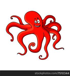 Red cartoon octopus with long tentacles hunting on the bottom of the ocean. Childish book, underwater wildlife mascot design. Cartoon red octopus with long tentacles