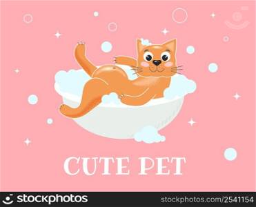 Red cat lies in bath with foam cartoon. Funny pet washing himself. Grooming for animals vector illustration concept. Red cat lies in bath with foam cartoon