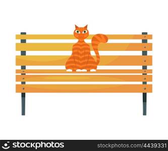 Red cat on the bench. Stock image of ginger tabby cat on a wooden park bench on a white &#xA;background. Stock vector illustration