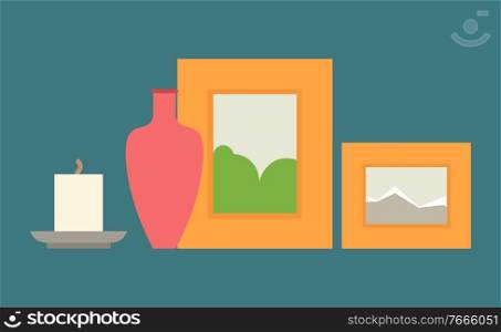 Red ceramic vase, burning candle and paitings in wooden frames. Comfort and cosiness items, home decoration elements, cartoon flat vector illustration. Comfort and Cosiness Items for Home Vector Image
