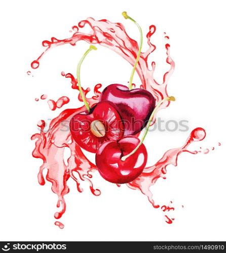 Red cherries and half of cherry in the splash of red juice, hand drawn vector watercolor illustration