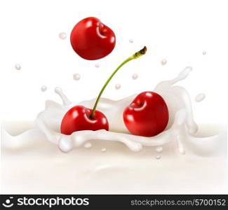 Red cherries fruits falling into the milky splash. Vector illustration