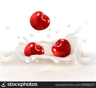 Red cherries fruits falling into the milky splash. Vector illustration