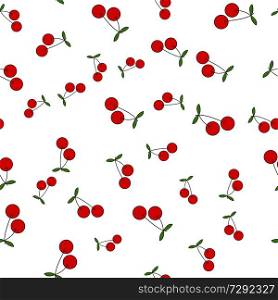 Red cherries seamless pattern. Two cherries on stem with green leaves flat vector on white background. Ripe berries cartoon illustration for wrapping paper, prints on fabric, greeting cards design