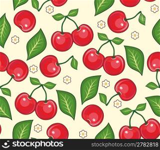 Red cherries with green leaves on a yellow background. Seamless vector background