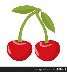 Red cherry. Two ripe berries with a green leaf. Vector illustration