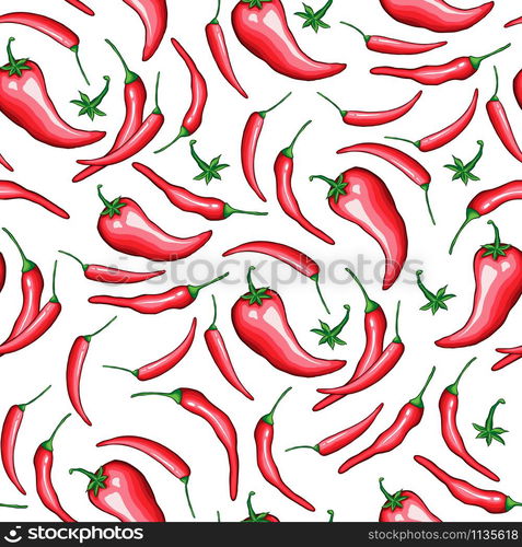 Red chili cartoon seamless pattern. Hot chilli peppers doodle texture. Cinco de Mayo, hand drawn. Mexican restaurant holiday background. Spicy vegetable wrapping paper vector fill. Red chili pepper cartoon seamless pattern