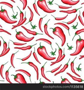 Red chili cartoon seamless pattern. Hot chilli peppers doodle texture. Cinco de Mayo, hand drawn. Mexican restaurant holiday background. Spicy vegetable wrapping paper vector fill. Red chili pepper cartoon seamless pattern