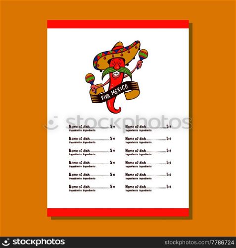 Red chili in a sombrero dancing with maracas. Mexican food. A set of popular Mexican dishes, fast food. Vector illustration. Menu template, logo.