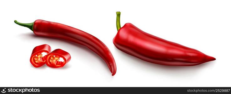 Red chili pepper, hot spicy plant pod, paprika cayenne with green stem vector realistic illustration isolated on white background. Chopped ripe vegetable with shadow. Red chili pepper, hot spicy paprika cayenne