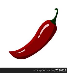Red Chilli Pepper isolated on white background. Fresh Food Spice for Market, Recipe. Cartoon Flat Style. Vector illustration for Your Design, Web.