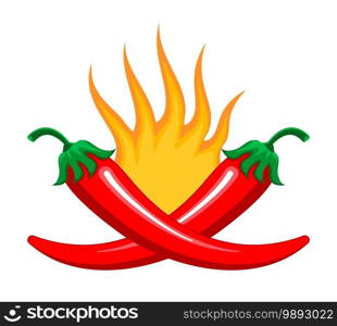 Red chilly peppers are burning as spicy sign. Cartoon vector isolated on the white background. Hot chillies in fire for food logo, banner, flyer, web.. Red chilly peppers are burning as spicy sign. Cartoon vector isolated on the white background. Hot chillies in fire for food logo, banner, flyer