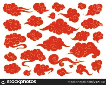 Red chinese clouds, japanese oriental style cloud doodles. Asian traditional festive ornaments, japan decorative sky elements vector set. Blowing wind, weather conditions cartoon symbols. Red chinese clouds, japanese oriental style cloud doodles. Asian traditional festive ornaments, japan decorative sky elements vector set
