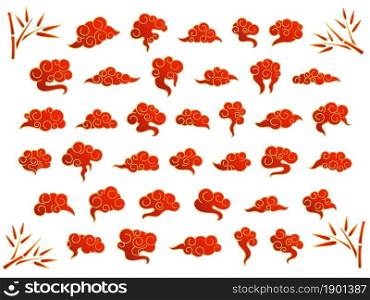 Red chinese clouds. Traditional graphic cloud asian, korean silhouette elements. Cartoon japanese ornament, oriental decor swanky vector set. Red chinese cloud graphic oriental illustration. Red chinese clouds. Traditional graphic cloud asian, korean silhouette elements. Cartoon japanese ornament, oriental decor swanky vector set