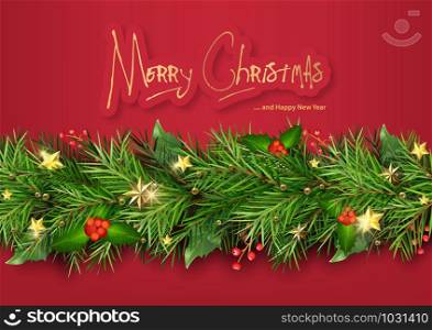 Red Christmas Background with Christmas Tree Branches