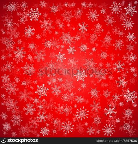 Red Christmas background with different snowflakes falling