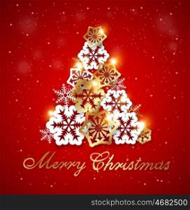 Red Christmas background with golden and white snowflakes. Decorative Christmas tree from snowflakes.