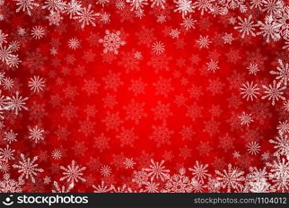 Red Christmas background with white snowflakes. Snowy winter holidays vector illustration. Space for your text.. Red Christmas background