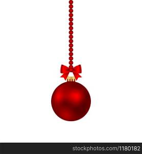 Red Christmas ball on a ribbon with a beautiful bow isolated on white background. Red Christmas ball on a ribbon with a beautiful bow isolated on white