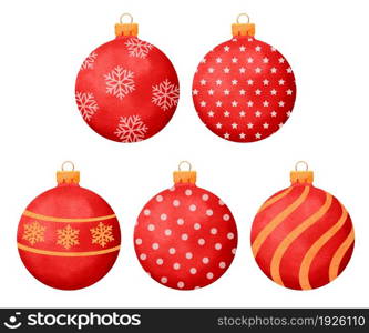 Red christmas balls watercolor style decoration isolated on white background.