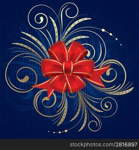 Red christmas bow on a blue background