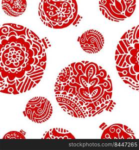 Red christmas decor seamless pattern. Bright floral decor on a white background. Use for background, wrapping paper, covers, fabrics, postcards, stationery. Vector.