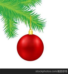 Red Christmas decoration ball on green fir tree branch, vector illustration