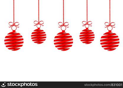 red christmas decoration balls from ribbon with bow isolated hanging with white background, stock vector illustration