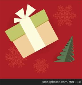 red christmas gift card with chrismas tree, snowflakes and present vector illustration